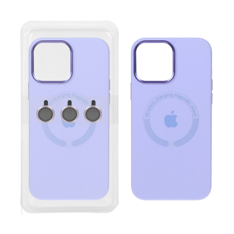قاب سیلیکونی اورجینال Magsafe با ست محافظ لنز رینگی Apple iPhone 15 Pro Max - یاسی (پک دار)