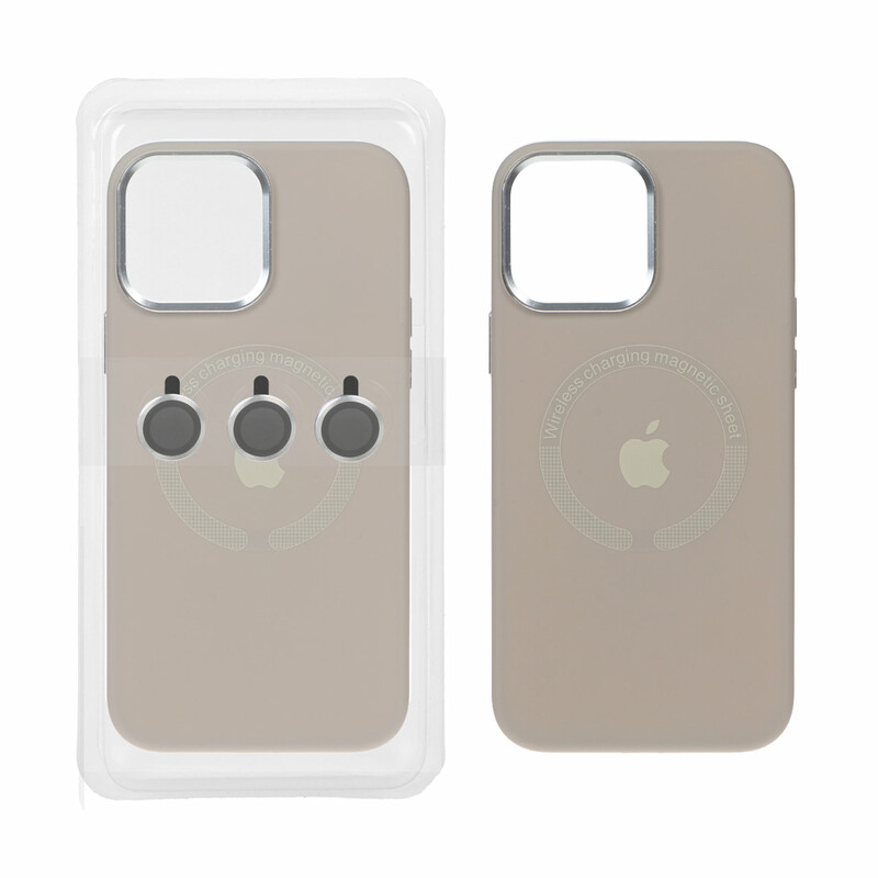 قاب سیلیکونی اورجینال Magsafe با ست محافظ لنز رینگی Apple iPhone 13 Pro Max - خاکی (پک دار)