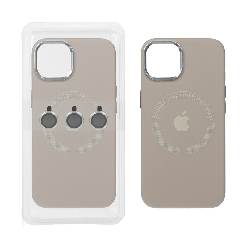 قاب سیلیکونی اورجینال Magsafe با ست محافظ لنز رینگی Apple iPhone 13 / iPhone 14 - خاکی (پک دار)
