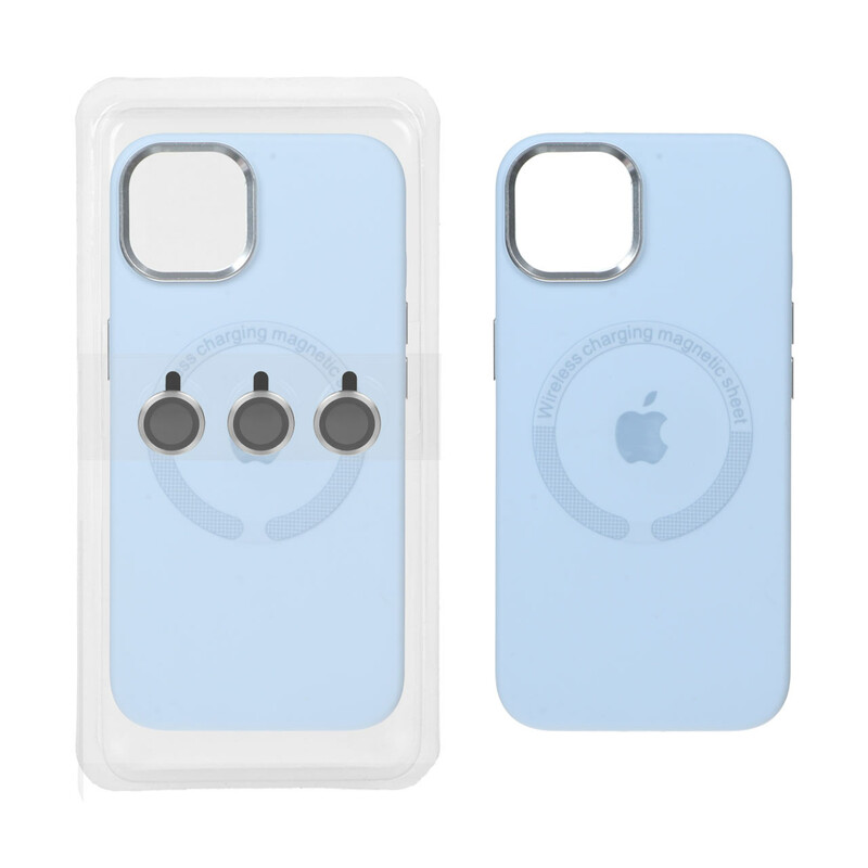 قاب سیلیکونی اورجینال Magsafe با ست محافظ لنز رینگی Apple iPhone 13 / iPhone 14 - آبی کبریتی (پک دار)