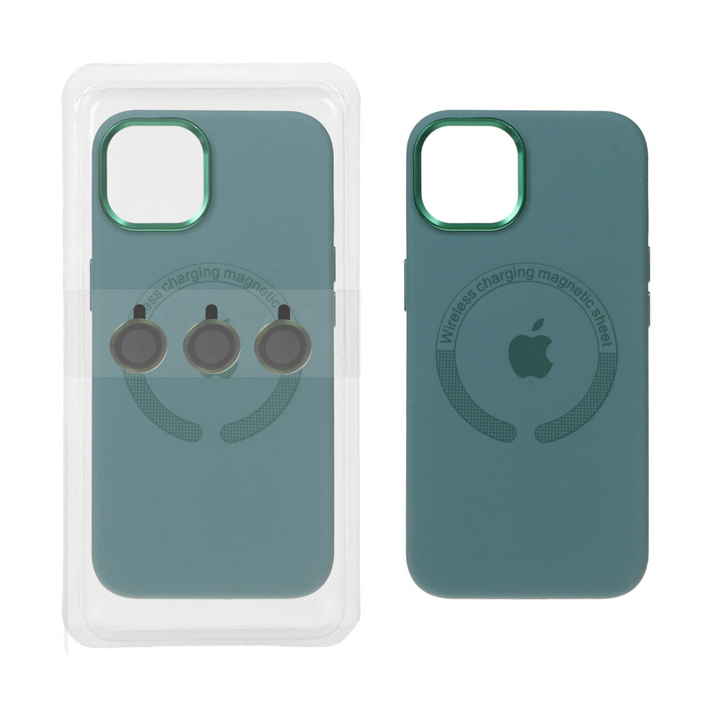 قاب سیلیکونی اورجینال Magsafe با ست محافظ لنز رینگی Apple iPhone 13 / iPhone 14 - سبز ارتشی (پک دار)