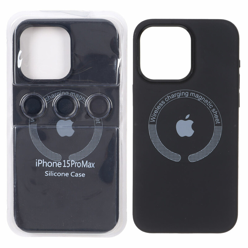 قاب سیلیکونی اورجینال Magsafe با ست محافظ لنز رینگی Apple iPhone 15 Pro Max - مشکی (پک دار)