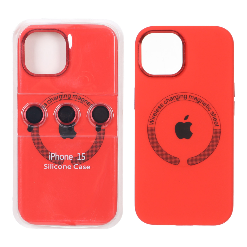 قاب سیلیکونی اورجینال Magsafe با ست محافظ لنز رینگی Apple iPhone 15 / iPhone 14 / iPhone 13 - قرمز (پک دار)