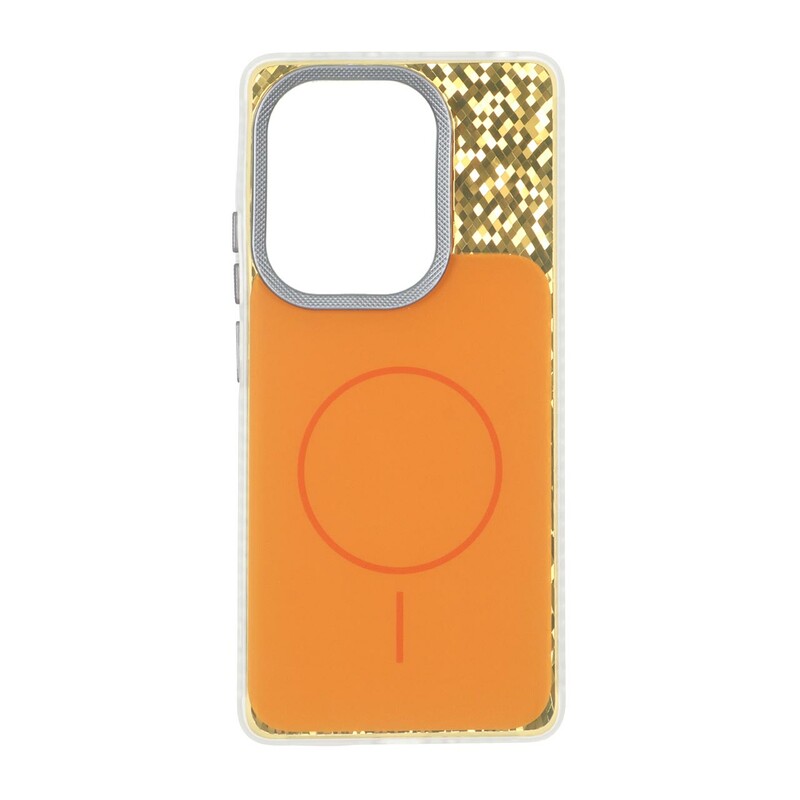 قاب مستطیلی طرح مگ سیف شطرنجی براق لنز کربن Xiaomi Redmi Note 14S / Note 13 Pro 4G / Poco M6 Pro 4G - نارنجی