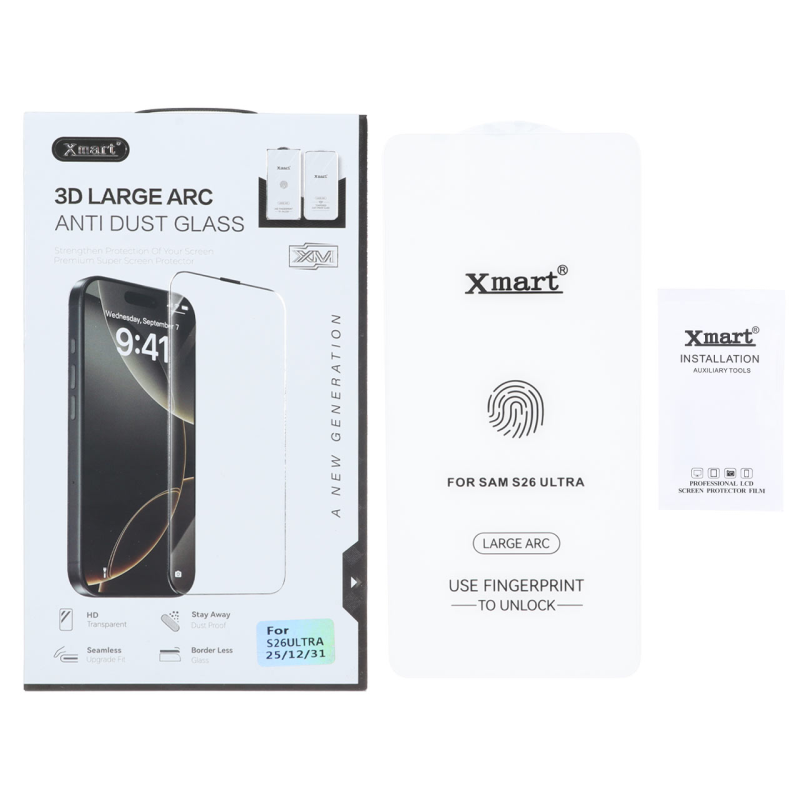 محافظ صفحه نمایش شیشه ای Xmart 3D Large Arc مدل Samsung Galaxy S26 Ultra بدون حاشیه (پک دار)