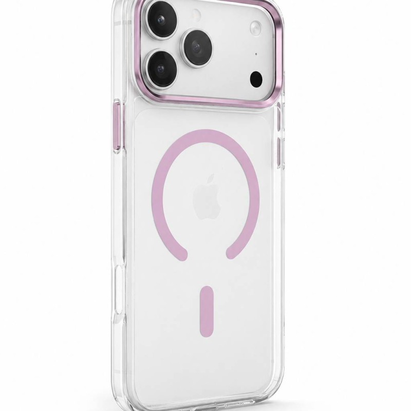 قاب اورجینال New Skin شفاف MagSafe پشت سخت لنز آلومینیومی Apple iPhone 17 Pro Max - صورتی (پک دار)