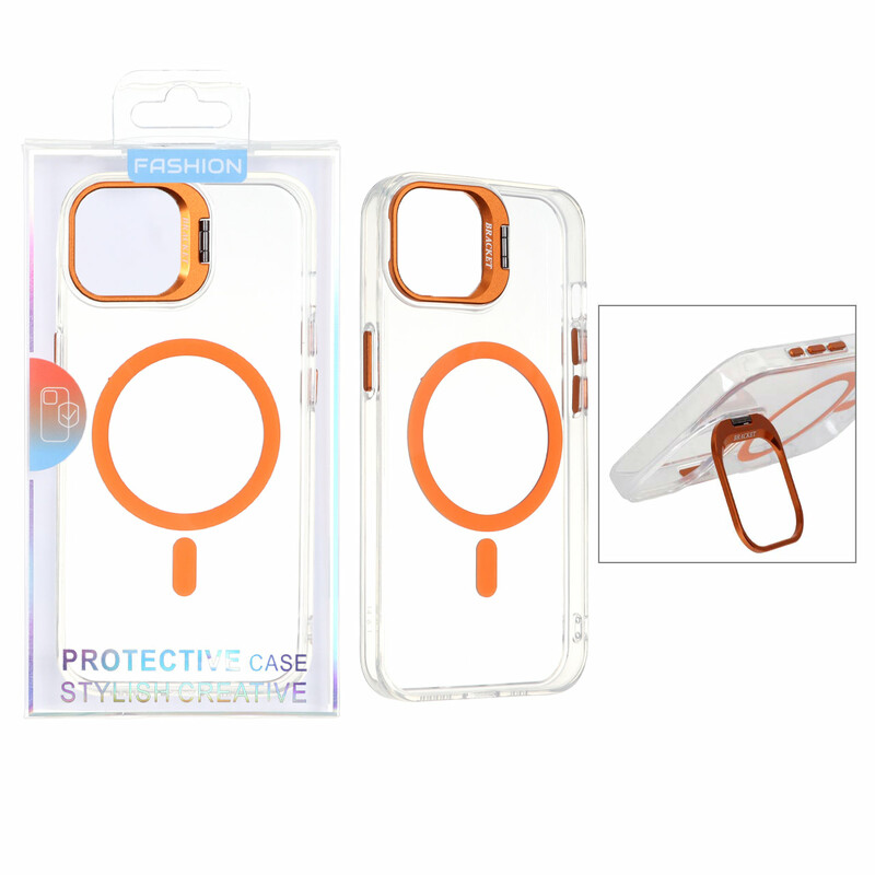 قاب اورجینال Bracket کریستالی MagSafe لنز استندشو Apple iPhone 13 / iPhone 14 - نارنجی (پک دار)