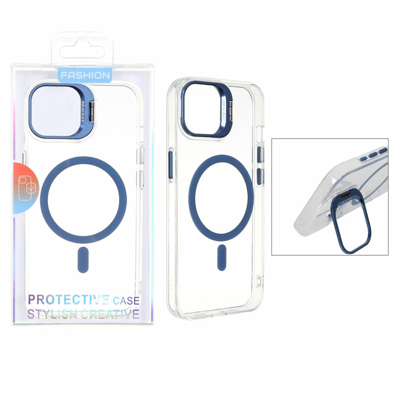 قاب اورجینال Bracket کریستالی MagSafe لنز استندشو Apple iPhone 13 / iPhone 14 - آبی (پک دار)