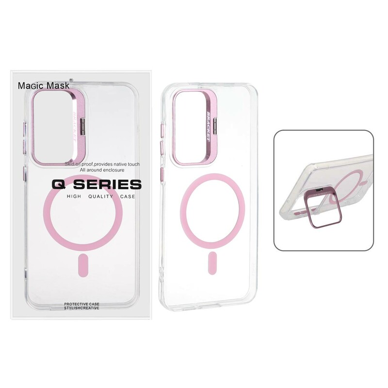 قاب اورجینال Q Series Bracket کریستالی Magsafe لنز استندشو Samsung Galaxy S24 FE - صورتی (پک دار)