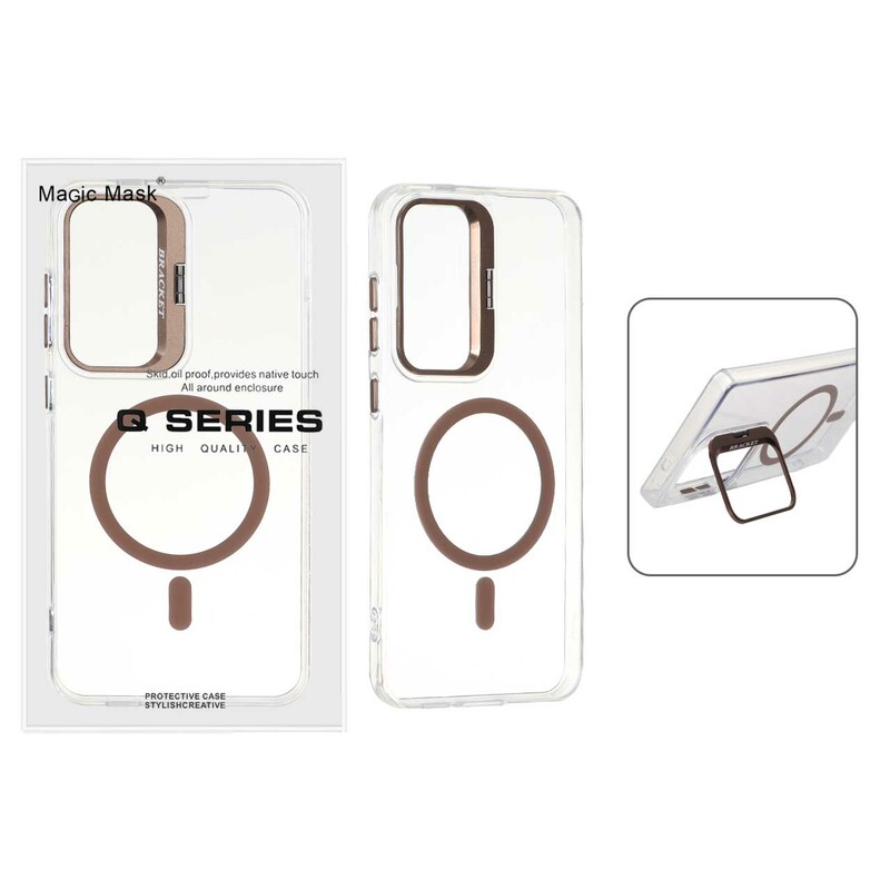 قاب اورجینال Q Series Bracket کریستالی Magsafe لنز استندشو Samsung Galaxy S24 FE - قهوه ای (پک دار)