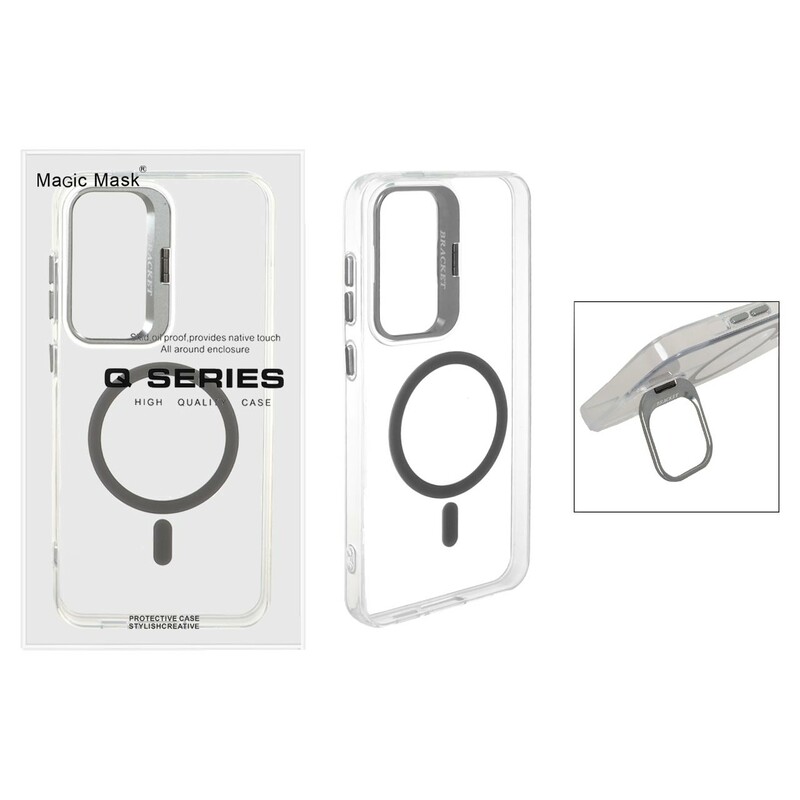 قاب اورجینال Q Series Bracket کریستالی Magsafe لنز استندشو Samsung Galaxy S24 FE - خاکستری (پک دار)