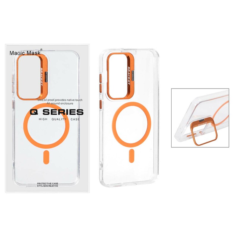 قاب اورجینال Q Series Bracket کریستالی Magsafe لنز استندشو Samsung Galaxy S25 FE - نارنجی (پک دار )