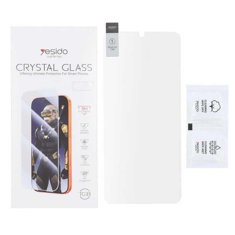 محافظ صفحه نمایش شیشه ای اورجینال بدون حاشیه Crystal Glass Yesido TG33 مدل Samsung Galaxy A07 / A06 / A05 / Xiaomi Redmi 13C / Poco C65 / Poco M6 5G / Honor X7 / X7A / Realme C51 / Realme C53 (پک دار)