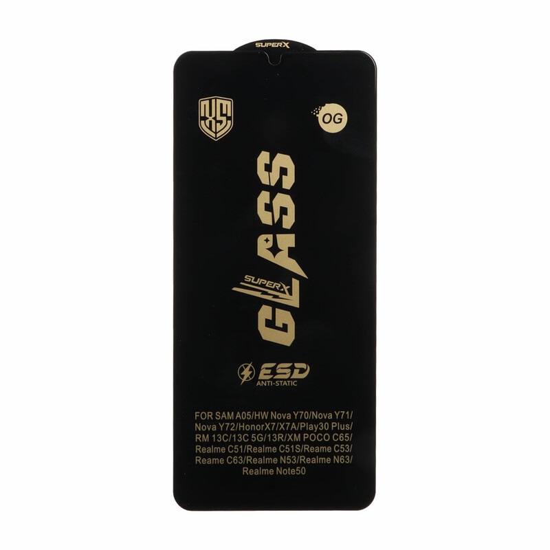 محافظ صفحه نمایش شیشه ای درجه یک Full Cover Super X OG - ESD OVOG مدل Samsung Galaxy A07 / A06 / A05 / Xiaomi Redmi 13C / Poco C65 / Poco M6 5G / Honor X7 / X7A / Realme C51 / Realme C53