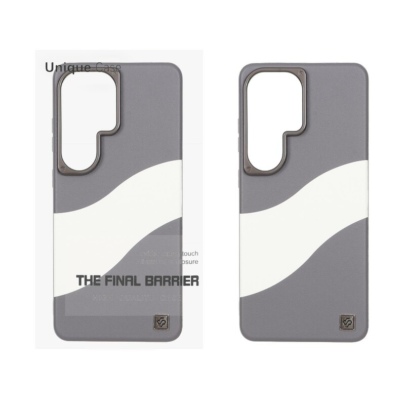 قاب اورجینال Unique Case چرمی دورنگ لوگو فلزی لنز برجسته Samsung Galaxy S26 Ultra - خاکستری سفید (پک دار)