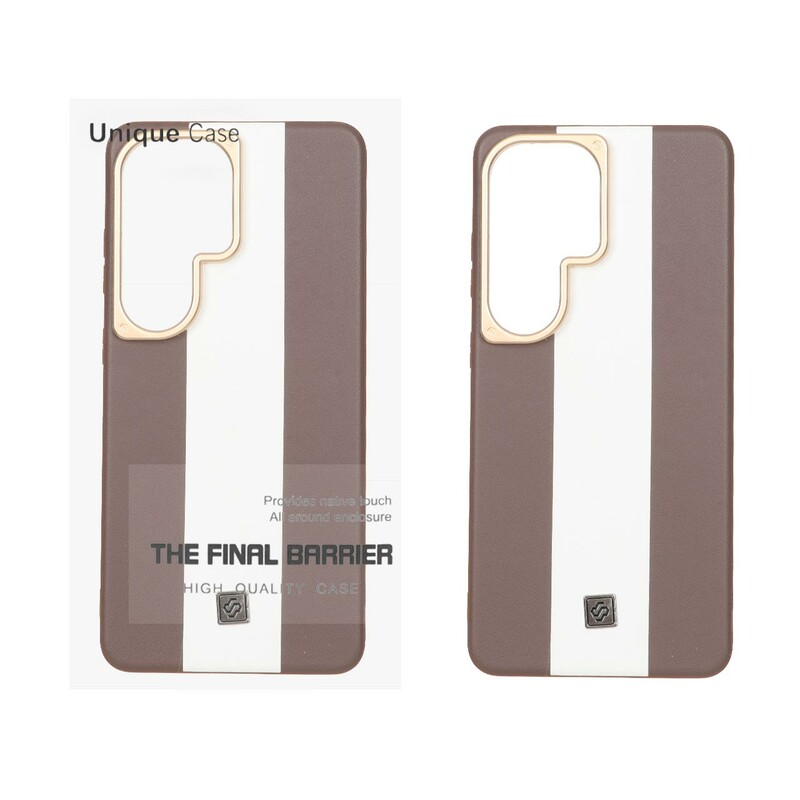 قاب اورجینال Unique Case چرمی دورنگ لوگو فلزی لنز برجسته Samsung Galaxy S26 Ultra - قهوه ای سفید (پک دار)