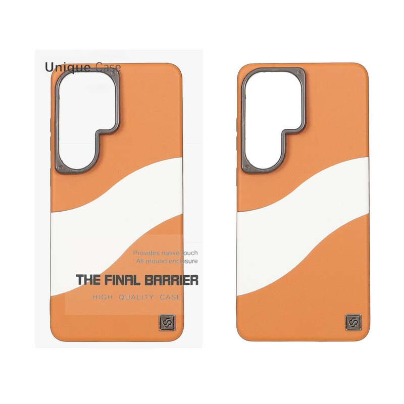 قاب اورجینال Unique Case چرمی دورنگ لوگو فلزی لنز برجسته Samsung Galaxy S26 Ultra - عسلی سفید (پک دار)