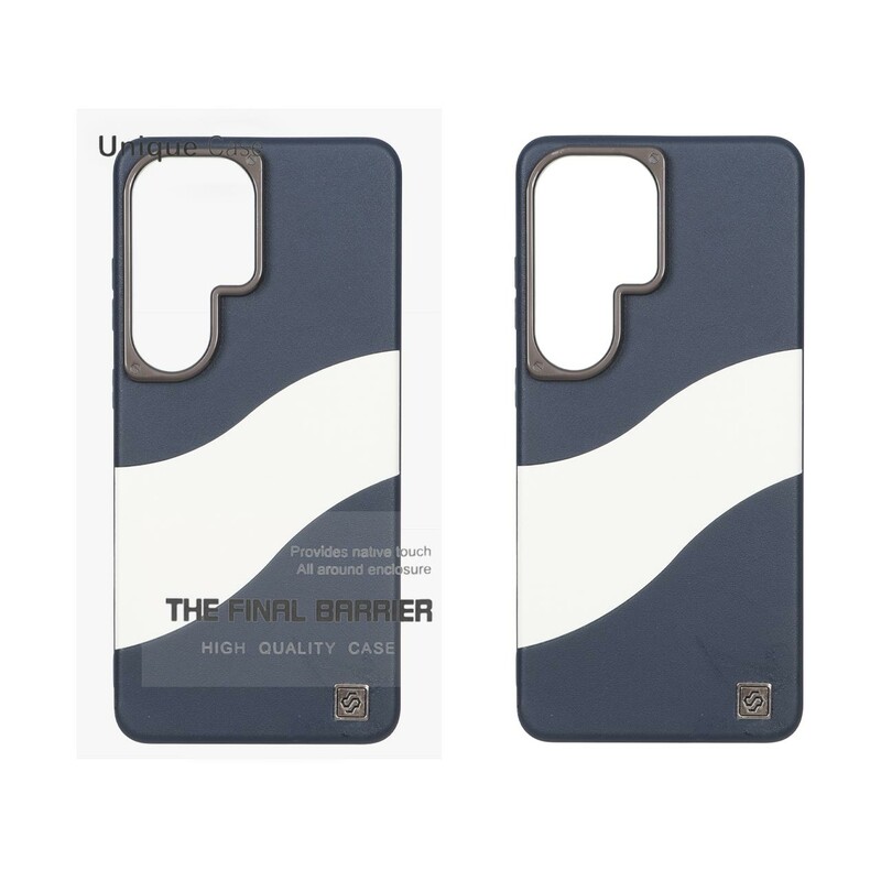 قاب اورجینال Unique Case چرمی دورنگ لوگو فلزی لنز برجسته Samsung Galaxy S26 Ultra - سرمه ای سفید (پک دار)