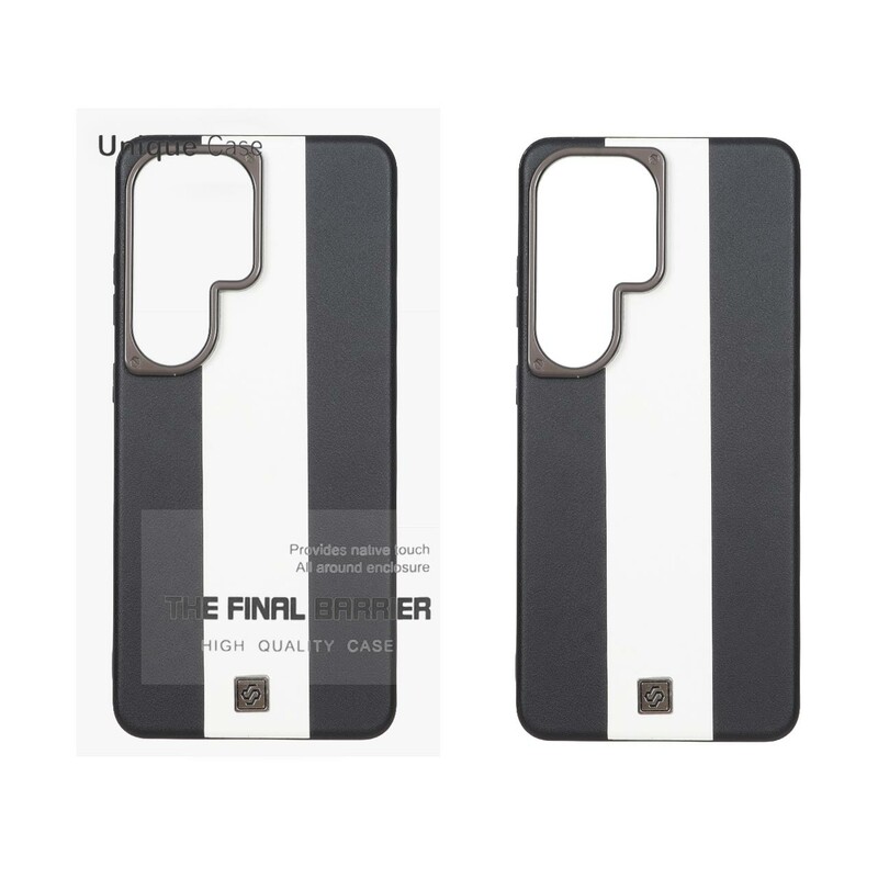 قاب اورجینال Unique Case چرمی دورنگ لوگو فلزی لنز برجسته Samsung Galaxy S26 Ultra - مشکی سفید کد 1 (پک دار)