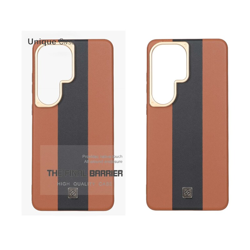 قاب اورجینال Unique Case چرمی دورنگ لوگو فلزی لنز برجسته Samsung Galaxy S26 Ultra - قهوه ای مشکی (پک دار)