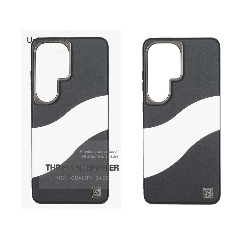 قاب اورجینال Unique Case چرمی دورنگ لوگو فلزی لنز برجسته Samsung Galaxy S26 Ultra - مشکی سفید (پک دار)