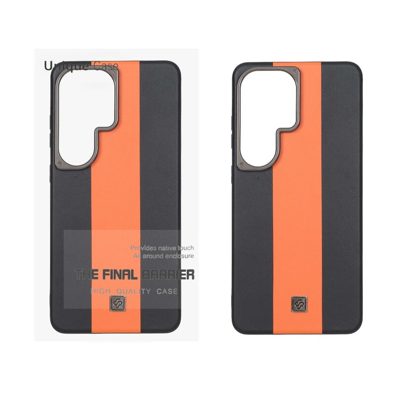 قاب اورجینال Unique Case چرمی دورنگ لوگو فلزی لنز برجسته Samsung Galaxy S26 Ultra - مشکی نارنجی (پک دار)