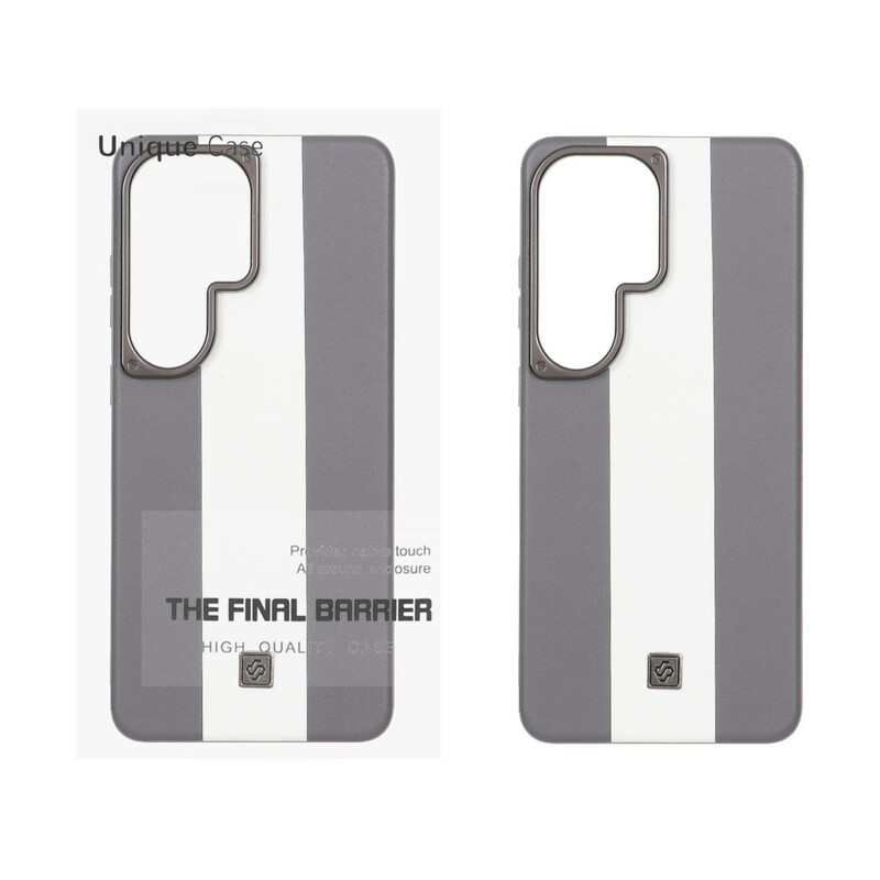 قاب اورجینال Unique Case چرمی دورنگ لوگو فلزی لنز برجسته Samsung Galaxy S26 Ultra - خاکستری سفید کد 1 (پک دار)