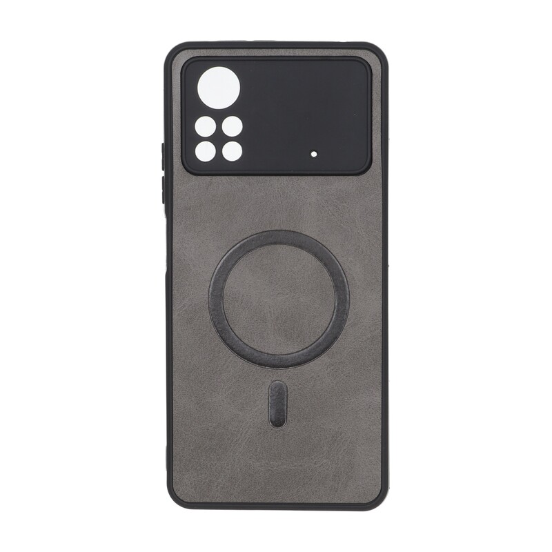 قاب چرمی طرح مگ سیف محافظ لنزدار Xiaomi Poco X4 Pro - خاکستری