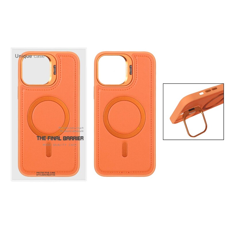 قاب Bracket چرمی دور دوخت MagSafe لنز استندشو Apple iPhone 13 Pro Max - نارنجی (پک دار)