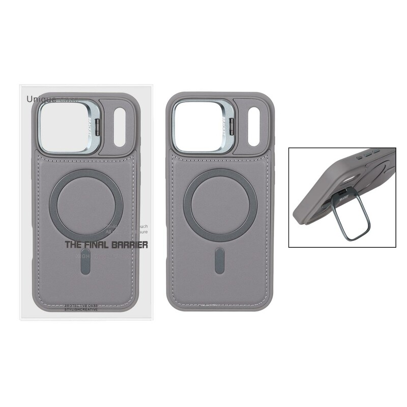 قاب Bracket چرمی دور دوخت MagSafe لنز استندشو Apple iPhone 17 Pro Max - خاکستری (پک دار)