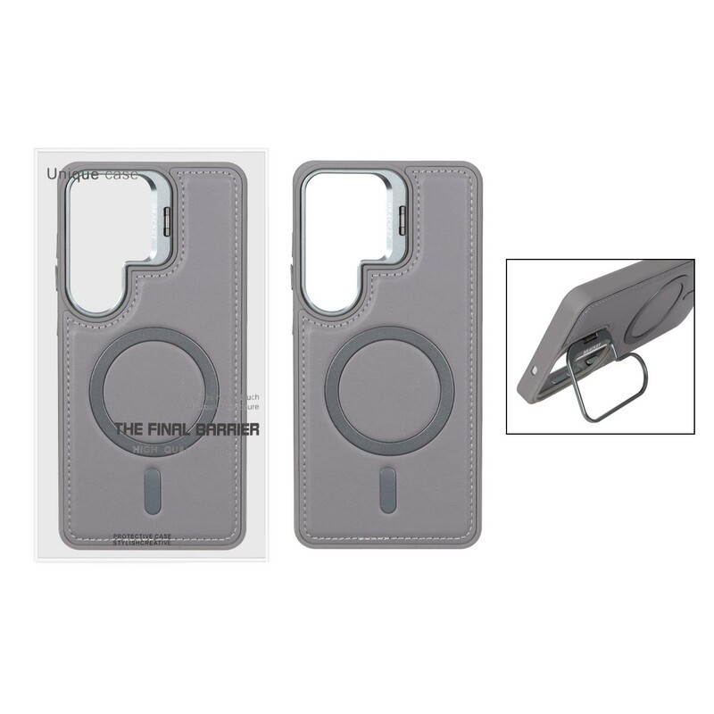 قاب Bracket چرمی دور دوخت MagSafe لنز استندشو Samsung Galaxy S26 Ultra - خاکستری (پک دار)