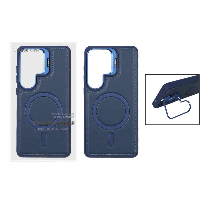 قاب Bracket چرمی دور دوخت MagSafe لنز استندشو Samsung Galaxy S26 Ultra - سرمه ای (پک دار)