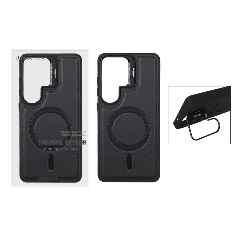 قاب Bracket چرمی دور دوخت MagSafe لنز استندشو Samsung Galaxy S26 Ultra - مشکی (پک دار)