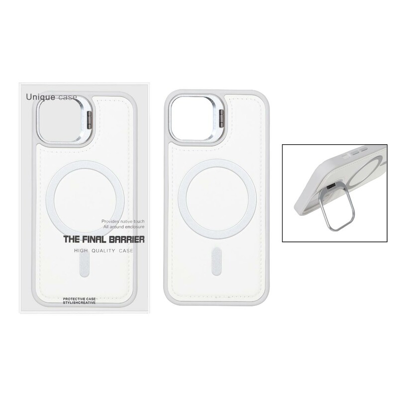 قاب Bracket چرمی دور دوخت MagSafe لنز استندشو Apple iPhone 13 / iPhone 14 - سفید (پک دار)