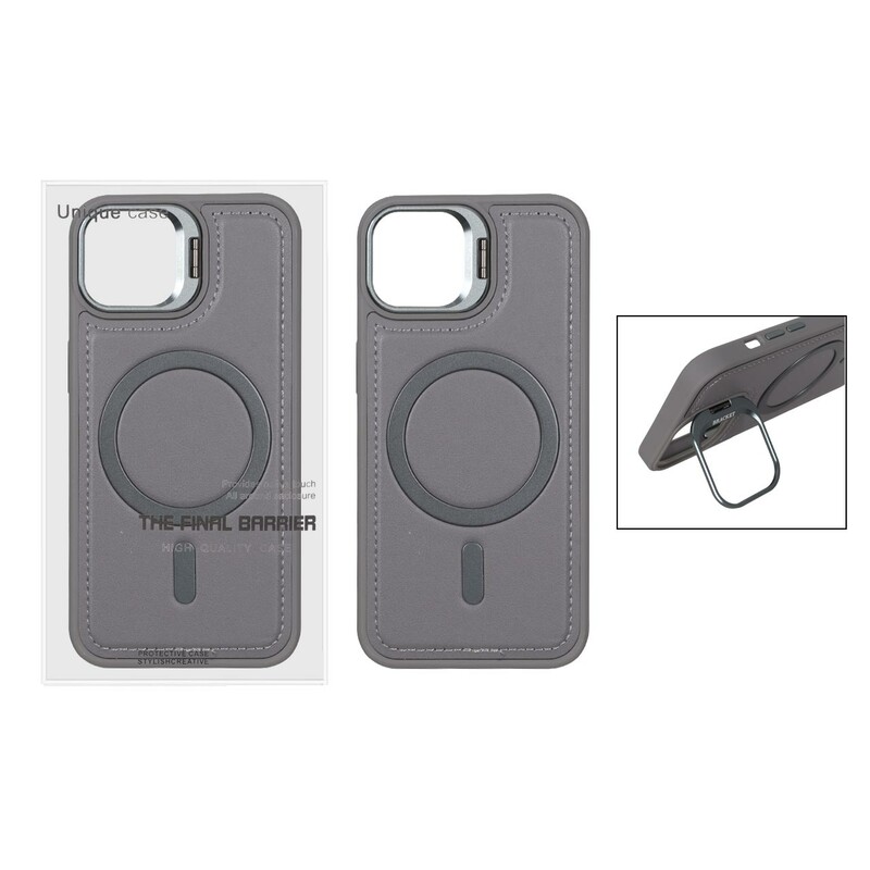 قاب Bracket چرمی دور دوخت MagSafe لنز استندشو Apple iPhone 13 / iPhone 14 - خاکستری (پک دار)