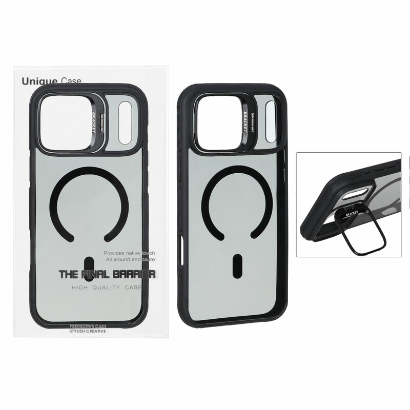 قاب اورجینال Bracket Unique Case مات Magsafe لنز آلومینیومی استندشو Apple iPhone 17 Pro Max - مشکی (پک دار)