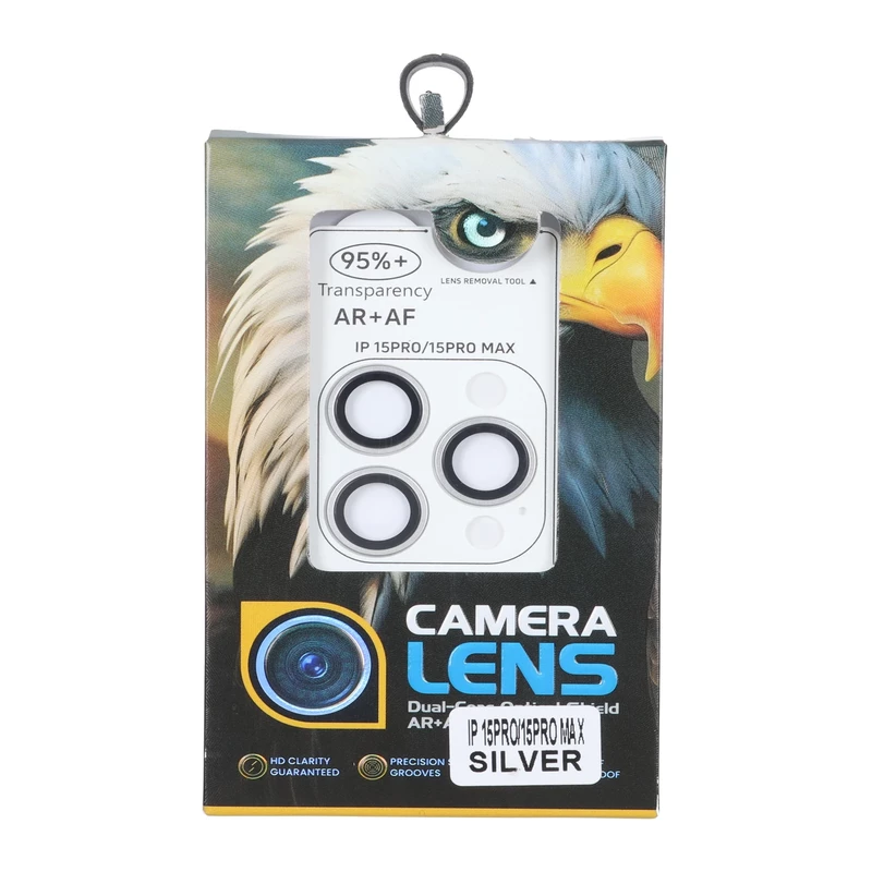 محافظ لنز رینگی اورجینال Eagle شابلون دار با قابلیت نصب مجدد Apple iPhone 15 Pro Max / iPhone 15 Pro - نقره ای (پک دار)