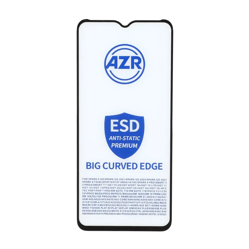 محافظ صفحه نمایش شیشه ای AZR - Big curved ESD Anti Static مدل Samsung Galaxy A12 / A02 / A02S / A03 / A03S / A03 Core / A04 / A04S / A04E / A13 / A23 / A32 5G / M02 / M04 / M12 / M13 / M23 / M33 /F13 / A1 Plus / A2 Plus / M4 /