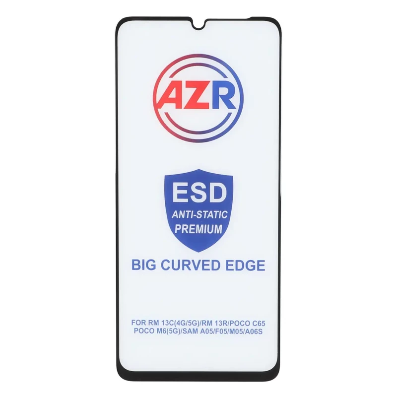محافظ صفحه نمایش شیشه ای AZR - Big curved ESD Anti Static مدل Samsung Galaxy A07 / A06 / A05 / Xiaomi Redmi 13C / Poco C65 / Poco M6 5G / Honor X7 / X7A / Realme C51 / Realme C53