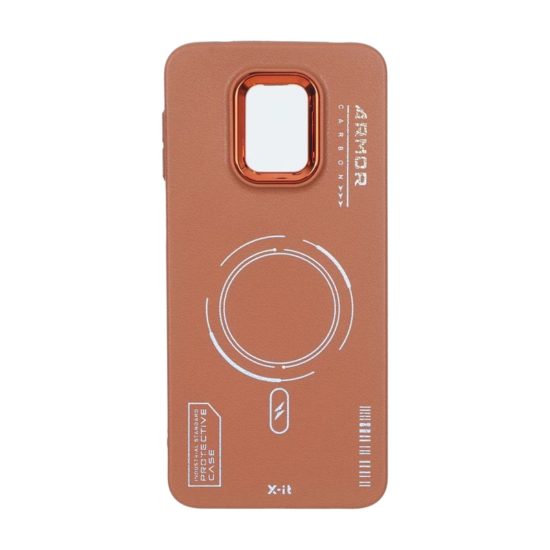 قاب Armor لنز متال Texture طرح مگ سیف Xiaomi Redmi Note 9S / Redmi Note 9 Pro / Redmi Note 9 Pro Max - قهوه ای