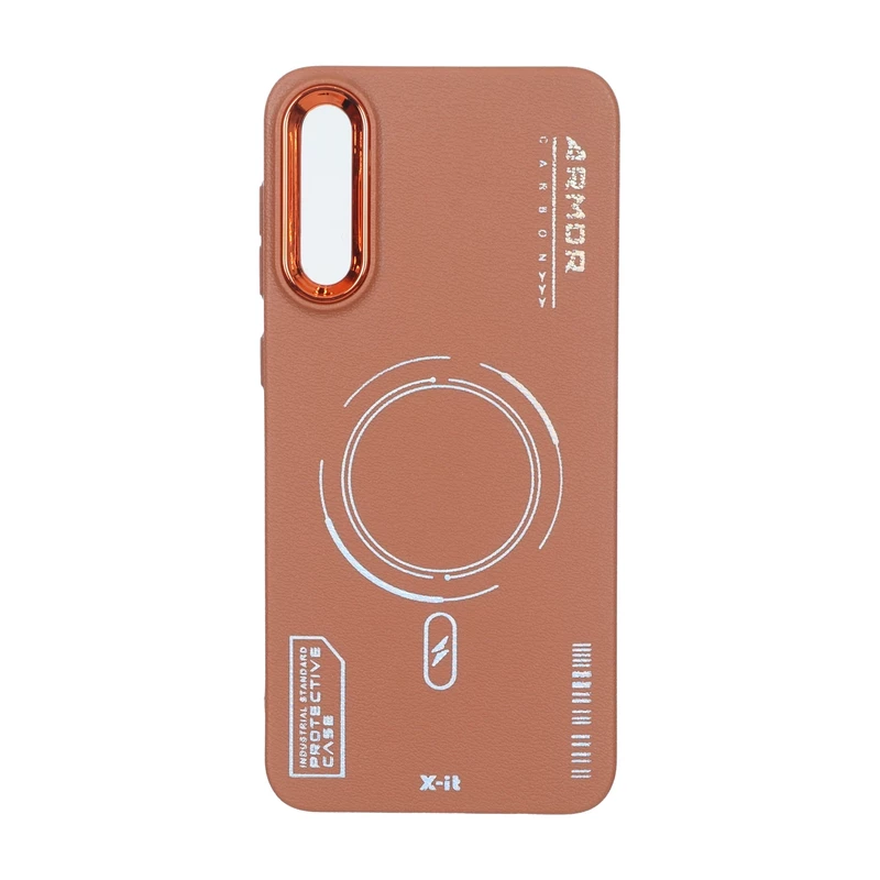 قاب Armor لنز متال Texture طرح مگ سیف Samsung Galaxy A50 / A50s / A30s - قهوه ای