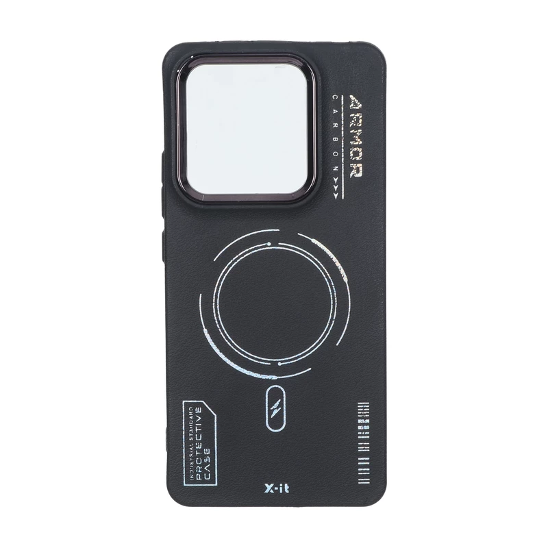 قاب Armor لنز متال Texture طرح مگ سیف Xiaomi Poco M7 Pro 5G - مشکی