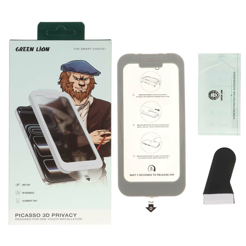 محافظ صفحه نمایش شیشه ای اورجینال Green Lion Picasso 3D Privacy One-Touch Installation مدل Apple iPhone 17 / iPhone 16 Pro (پک دار)