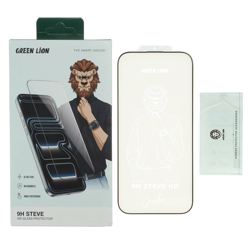 محافظ صفحه نمایش شیشه ای اورجینال Green Lion Steve مدل Apple iPhone 17 / iPhone 16 Pro (پک دار)