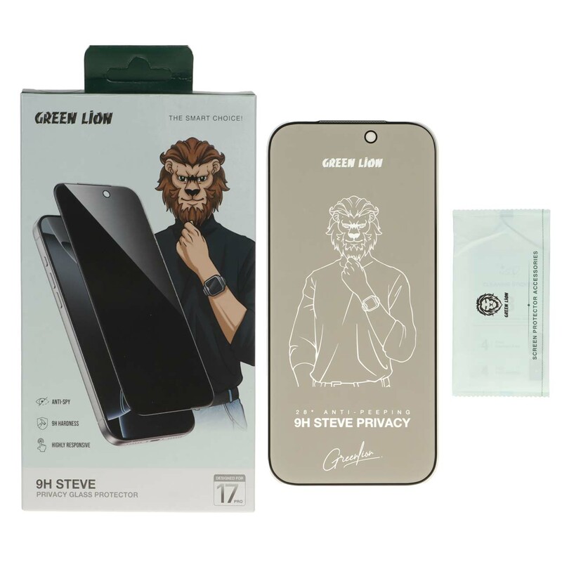 محافظ صفحه نمایش شیشه ای اورجینال Green Lion Steve Privacy مدل Apple iPhone 17 Pro (پک دار)