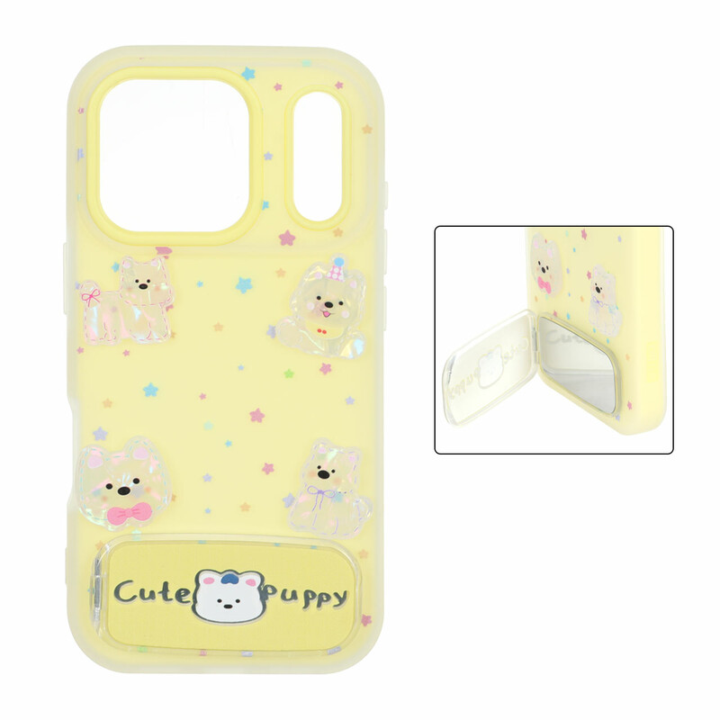 قاب Cute Puppy دولایه عروسک برجسته استندشو آینه ای Apple iPhone 17 Pro - زرد