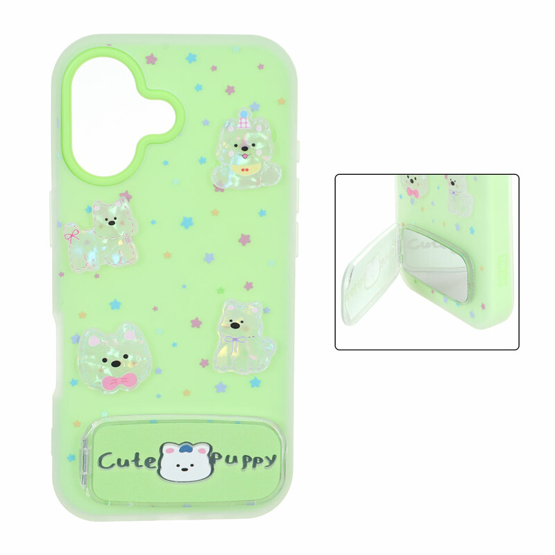 قاب Cute Puppy دولایه عروسک برجسته استندشو آینه ای Apple iPhone 17 - سبز