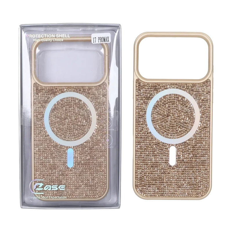 قاب C Case نگین دار MagSafe هولوگرامی محافظ لنزدار Apple iPhone 17 Pro Max - طلایی (پک دار)