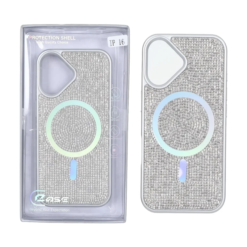 قاب C Case نگین دار MagSafe هولوگرامی محافظ لنزدار Apple iPhone 16 - نقره ای (پک دار)