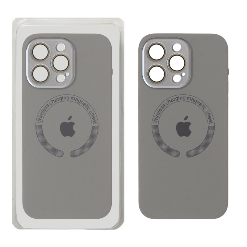 قاب سیلیکونی اورجینال MagSafe محافظ لنز شیشه ای Apple iPhone 15 Pro Max - طوسی (پک دار)